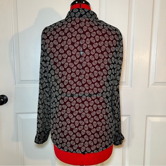Zara Trafaluc Long Sleeve Sheer Collared Button Up Shirt - Skulls - Picture 3 of 7
